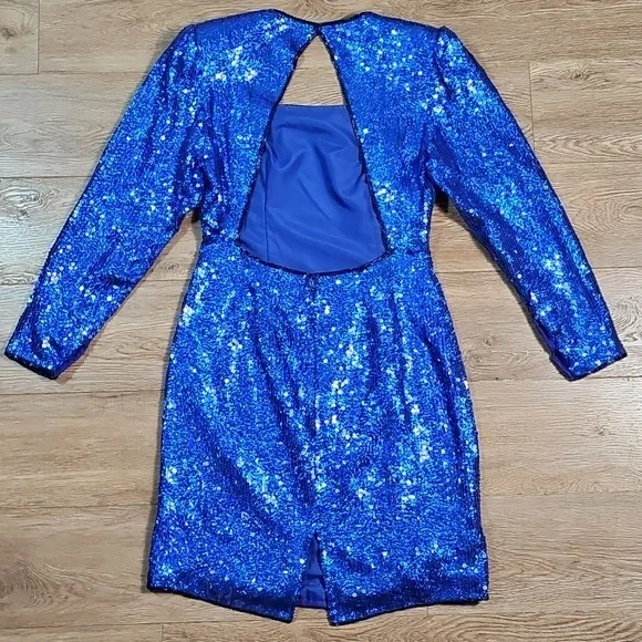 Vintage Sterling By Stone Ferris Blue Sequin Silk Open Back Coctail Party Dress - Picture 7 of 16